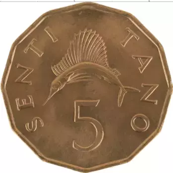 Монета 5 тано Танзании 1976 года Бронза