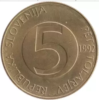 Монета 5 толаров Словении 1992 года Латунь