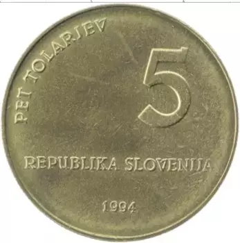 Монета 5 толаров Словении 1994 года Латунь 1000 лет Глаголицы
