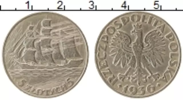 Монета 5 злотых Польши 1936 года Серебро 15-летие морского порта Гдыня,Корабль
