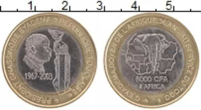 Монета 6000 франков Того 2003 года Биметалл Президент Гнассингбе Эйадема