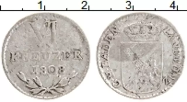 Монета 6 крейцеров Бадена 1808 года Серебро Герб Бадена