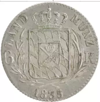 Монета 6 крейцеров Баварии 1835 года Серебро Людвиг I