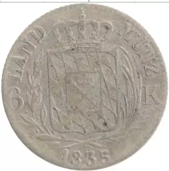 Монета 6 крейцеров Баварии 1835 года Серебро Людвиг I