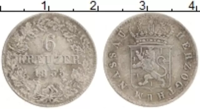 Монета 6 крейцеров Нассау 1855 года Серебро