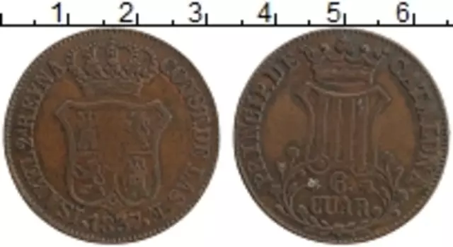 Монета 6 кварто Каталонии 1837 года Медь Изабелла II