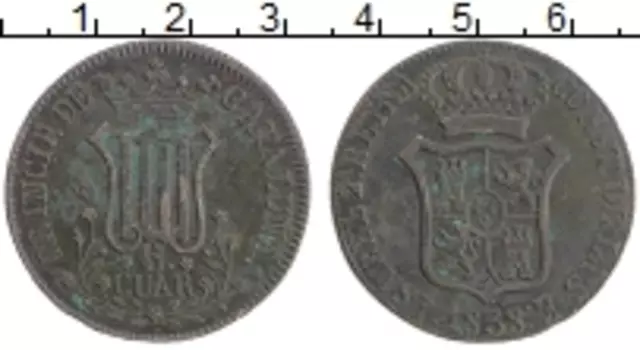 Монета 6 кварто Каталонии 1838 года Медь Изабелла II