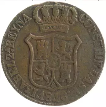 Монета 6 кварто Каталонии 1846 года Медь Изабелла II