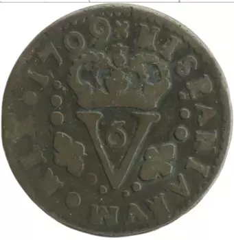 Монета 6 мараведи Валенсии 1709 года Медь Филипп V