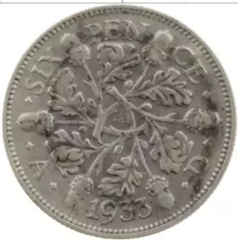 Монета 6 пенсов Англии 1933 года Серебро Георг V