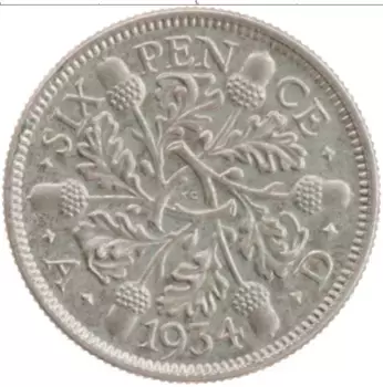 Монета 6 пенсов Англии 1934 года Серебро Георг V