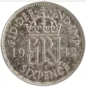 Монета 6 пенсов Англии 1942 года Серебро Георг VI