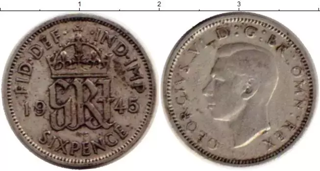 Монета 6 пенсов Англии 1945 года Серебро Георг VI