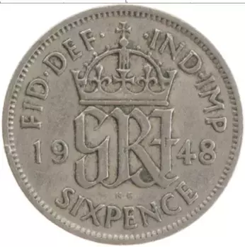 Монета 6 пенсов Англии 1948 года Медно-никель Георг VI
