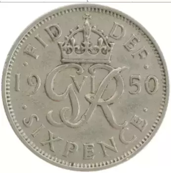 Монета 6 пенсов Англии 1950 года Медно-никель Георг VI