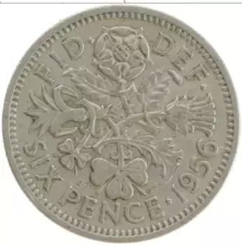 Монета 6 пенсов Англии 1956 года Медно-никель
