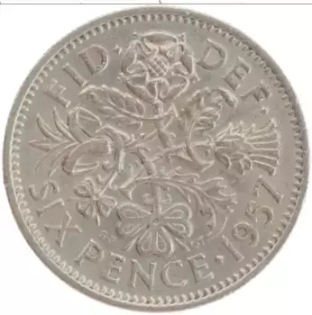 Монета 6 пенсов Англии 1957 года Медно-никель