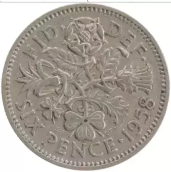 Монета 6 пенсов Англии 1958 года Медно-никель Елизавета II