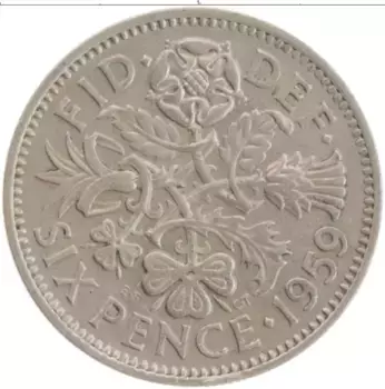 Монета 6 пенсов Англии 1959 года Медно-никель Елизавета II