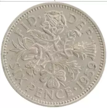Монета 6 пенсов Англии 1959 года Медно-никель Елизавета II