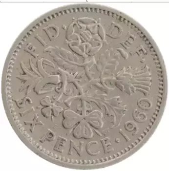 Монета 6 пенсов Англии 1960 года Медно-никель Елизавета II