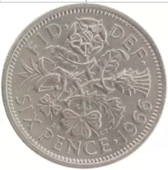 Монета 6 пенсов Англии 1966 года Медно-никель