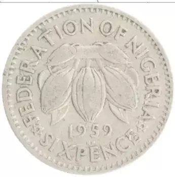 Монета 6 пенсов Нигерии 1959 года Медно-никель Елизавета II
