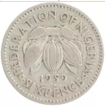 Монета 6 пенсов Нигерии 1959 года Медно-никель Елизавета II
