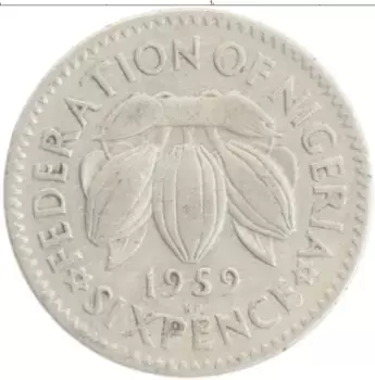 Монета 6 пенсов Нигерии 1959 года Медно-никель Елизавета II