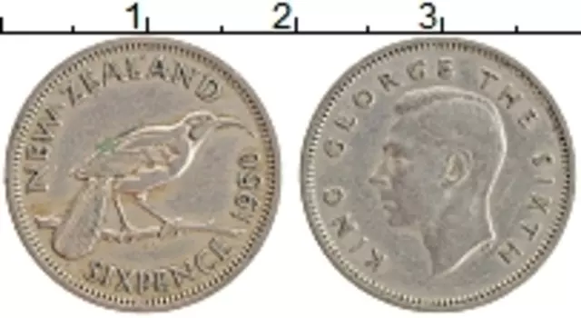 Монета 6 пенсов Новой Зеландии 1950 года Медно-никель Георг VI (Редкий год !)