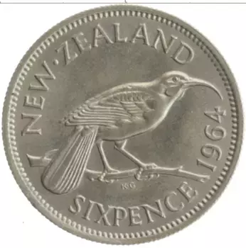 Монета 6 пенсов Новой Зеландии 1964 года Медно-никель Елизавета II