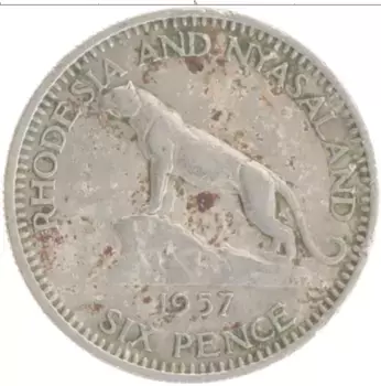 Монета 6 пенсов Родезии 1957 года Медно-никель