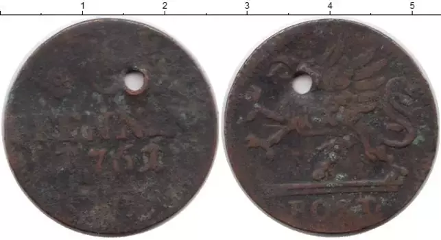 Монета 6 пфеннигов Ростока 1761 года Медь