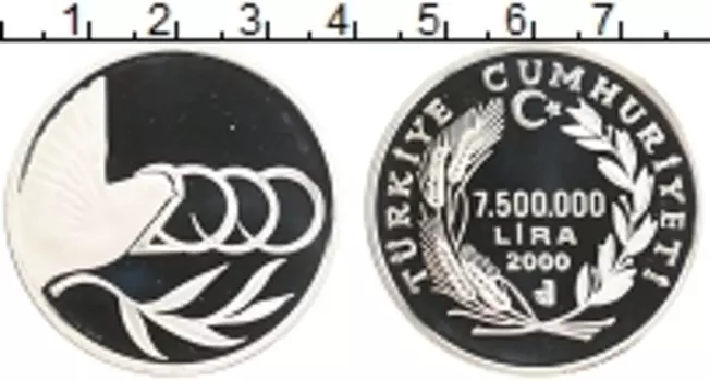 Монета 7500000 лир Турции 2000 года Серебро Миллениум