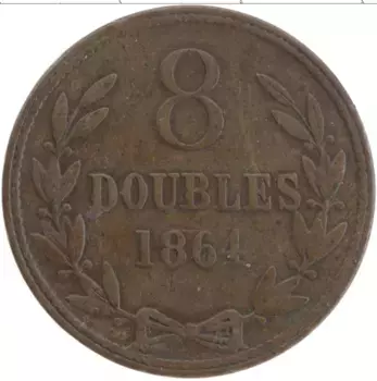Монета 8 дублей Гернси 1864 года Бронза