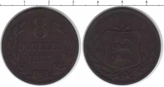 Монета 8 дублей Гернси 1889 года Медь