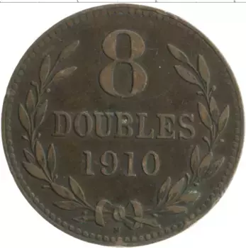 Монета 8 дублей Гернси 1910 года Бронза