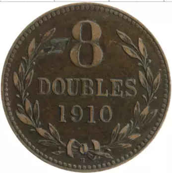 Монета 8 дублей Гернси 1910 года Бронза