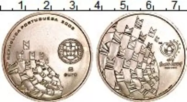 Монета 8 евро Португалии 2003 года Серебро Чемпионат Европы по футболу в Португалии 2004г