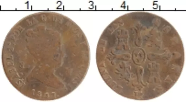 Монета 8 мараведи Испании 1843 года Медь Изабелла II
