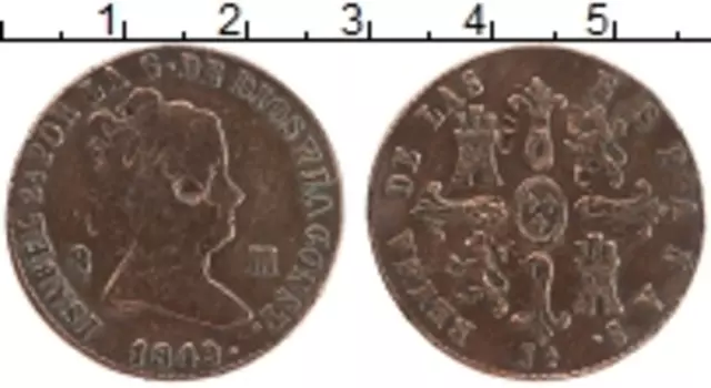 Монета 8 мараведи Испании 1849 года Медь Изабелла II