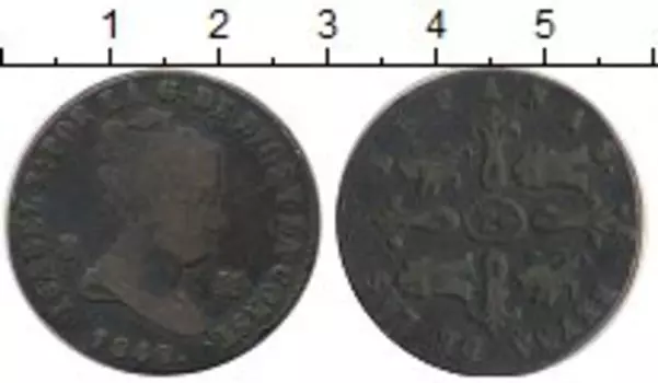 Монета 8 мараведи Испании 1849 года Медь Изабелла II