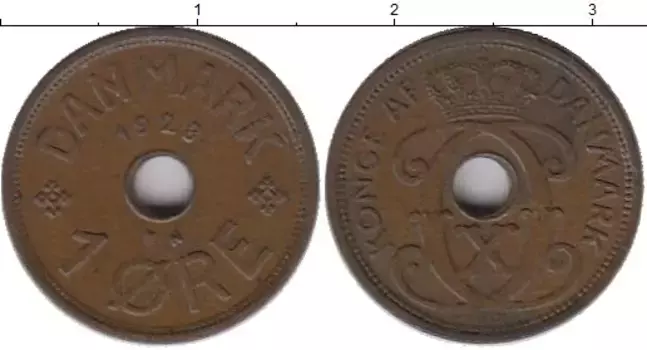 Монета эре Дании 1928 года Бронза Кристиан X