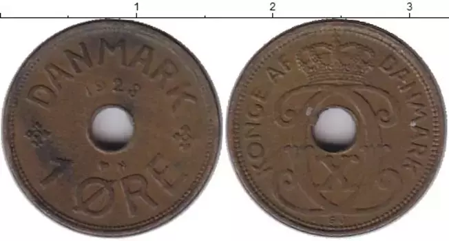 Монета эре Дании 1928 года Бронза Кристиан Х