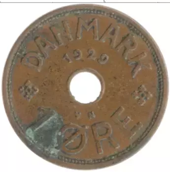 Монета эре Дании 1929 года Бронза Кристиан Х