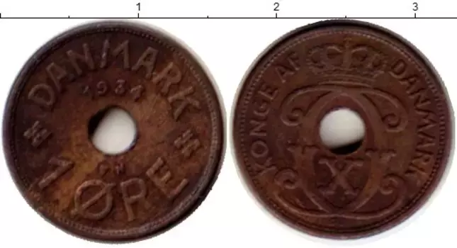 Монета эре Дании 1934 года Бронза Кристиан Х