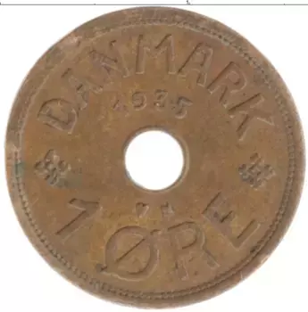Монета эре Дании 1935 года Бронза Кристиан Х