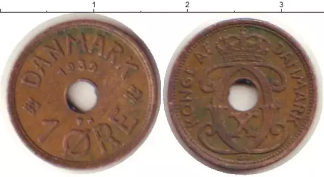 Монета эре Дании 1939 года Бронза Кристиан X