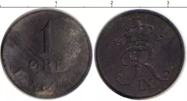 Монета эре Дании 1953 года Цинк Фредерик IX