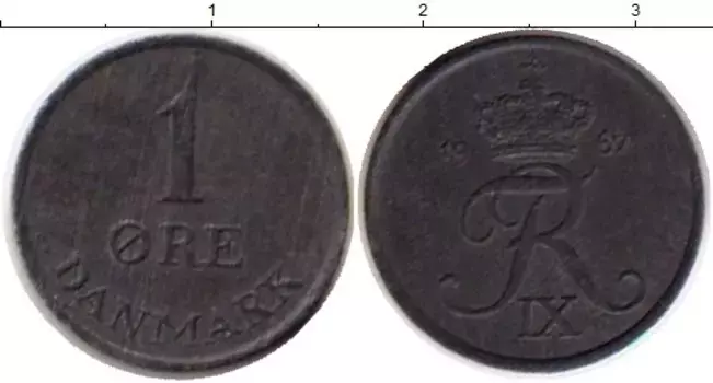 Монета эре Дании 1967 года Цинк Фредерик IX